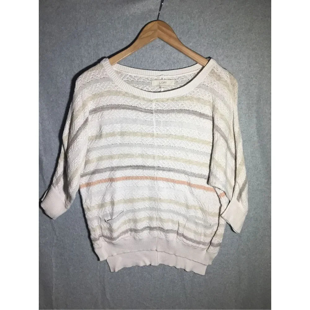 Womens Loft Sweater Striped Loose Knit Pockets Boho Beachy Pastel Cute